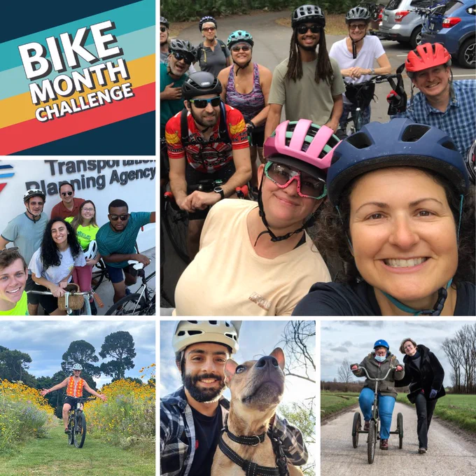 Love to Ride graphic showing lots of happy cyclists. Text: Bike Month Challenge.