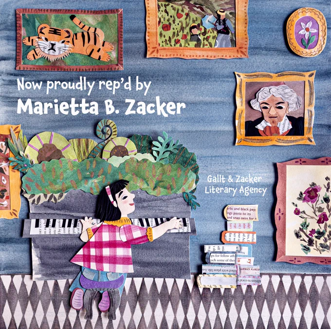 Children's book illustrator and paper cut collage artist. Open to picture books and mid grade projects. Little girl playing the piano in an art museum. 