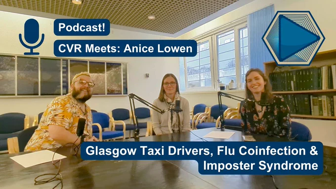 Stephen Devlin, Anna Sims and Anice Lowen recording a podcast. Text reads: Glasgow Taxi Drivers, Flu Coinfection & Imposter Syndrome