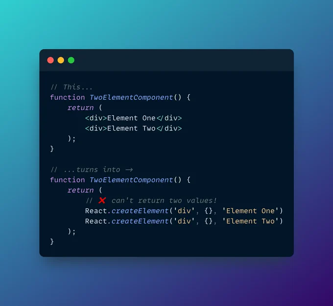 An example of why trying to return two root JSX elements won't work in JavaScript