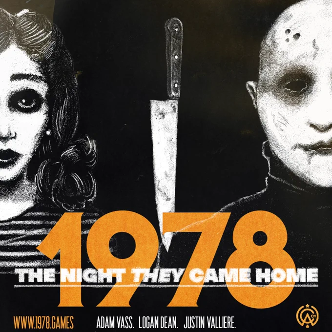 a mostly black and white portrait with a young woman in striped shirt on the left and an eery masked being on the right, separated by a vertical kitchen knife. In large text in the foreground, it reads "1978: The Night THEY Came Home". Smaller text below says "www.1978.games. Adam Vass. Logan Dean. Justin Valliere." and an orange World Champ Game Co. logo.