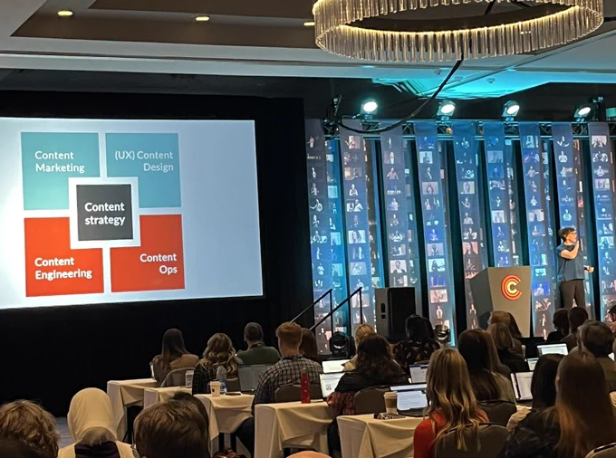 Quad with content strategy in the middle, surrounded by content marketing, content design, content engineering, and content ops.