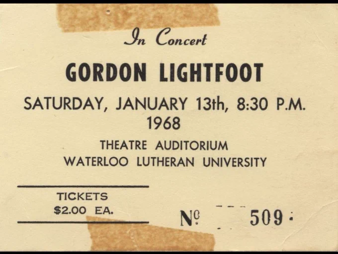 Ticket for the Gordon Lightfoot concert held in the Waterloo Lutheran University Theatre Auditorium on January 13, 1968.