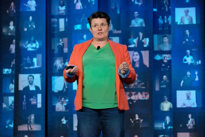 Helen Lawson gives a main-stage talk at Confab 2023.