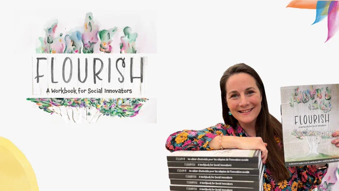 TakingITGlobal Co-founder Jennifer Corriero holding a copy of the Flourish Workbook