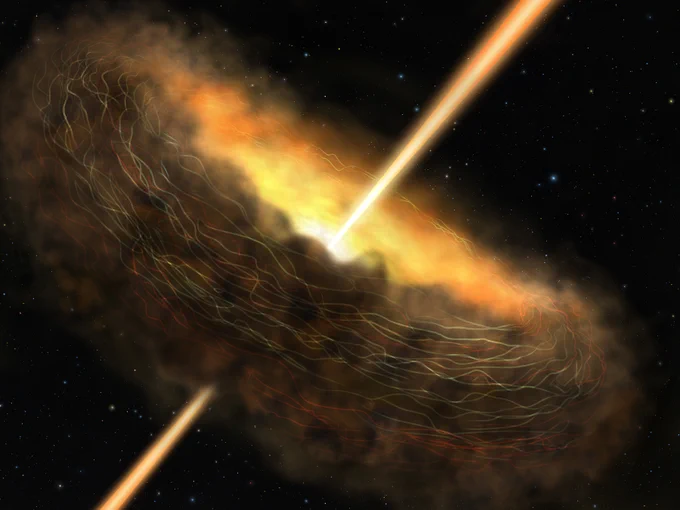 Artist’s conception of the core of Cygnus A, including the dusty donut-shaped  surroundings, called a torus, and jets launching from its center. Magnetic fields are illustrated trapping the dust in the torus. Observations from SOFIA reveal that these magnetic fields could be helping power the black hole hidden in the galaxy’s core by keeping the dust in the torus close enough to be gobbled up by the hungry black hole. 