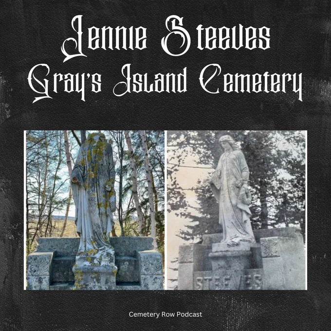 A graphic with the photo of Jennie Steeves' monument - both with and without its head - at Gray's Island Cemetery.