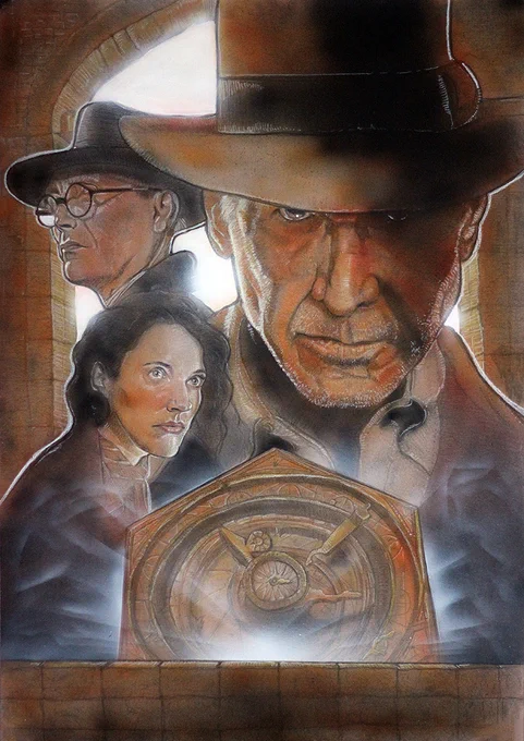 "Indiana Jones and the Dial of Destiny" Medium: Acrylic paints and colored pencil on gessoed board. Size: A3. Year: 2023.