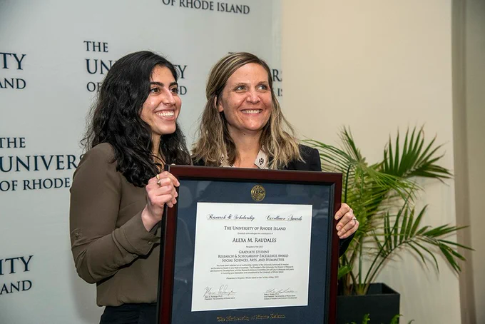 Alexa M. Raudales (left, Graduate Student Research and Scholarship Excellence Award Social Sciences, Arts, and Humanities).