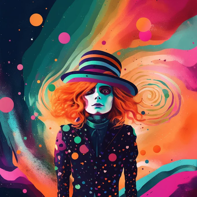 Create an imaginative and surreal portrait of the Mad Hatter from Alice in Wonderland in a unique style that blends together elements of pop art, surrealism and contemporary illustration. The Mad Hatter should be depicted in a vibrant and lively pose, surrounded by eccentric and whimsical imagery that reflects the nonsensical nature of the character.