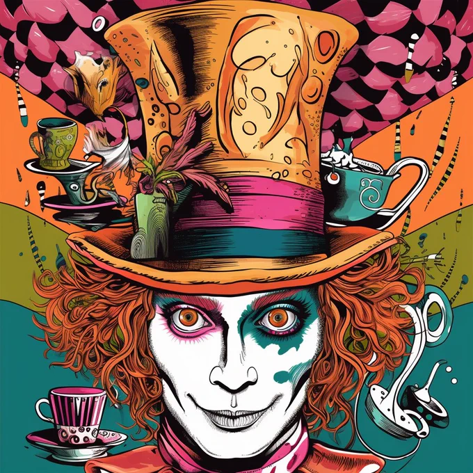 Create an imaginative and surreal portrait of the Mad Hatter from Alice in Wonderland in a unique style that blends together elements of pop art, surrealism and contemporary illustration. The Mad Hatter should be depicted in a vibrant and lively pose, surrounded by eccentric and whimsical imagery that reflects the nonsensical nature of the character.