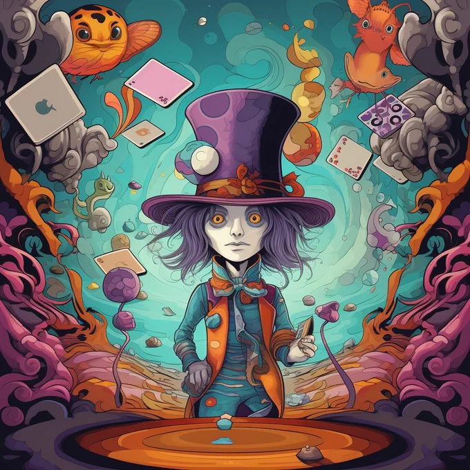 Create an imaginative and surreal portrait of the Mad Hatter from Alice in Wonderland in a unique style that blends together elements of pop art, surrealism and contemporary illustration. The Mad Hatter should be depicted in a vibrant and lively pose, surrounded by eccentric and whimsical imagery that reflects the nonsensical nature of the character.