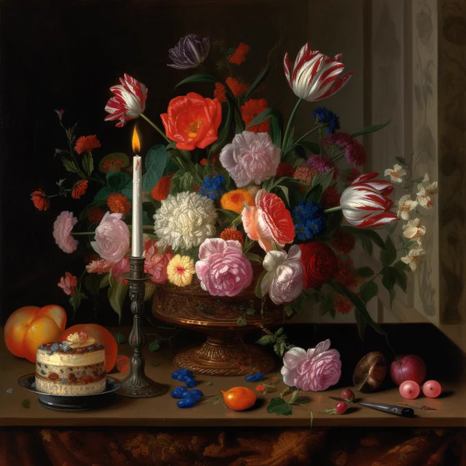 A vase of flowers painted in the style of the Dutch 17th century. Next to the flowers is a birthday cake with one lit candle. Credit to Mid-Journey