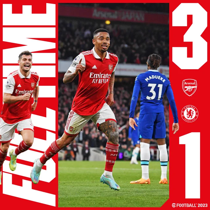 Full-time: Arsenal 3-1 Chelsea (Odegaard x2, Jesus).