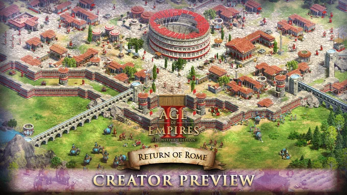 Image: A screenshot of the Romans civ in Age of Empires II: Definitive Edition — Return of Rome, showing a red-colored Colosseum surrounded by walls and an approaching enemy army. The text on the graphic reads: "Age of Empires II: Definitive Edition — Return of Rome Creator Preview". 