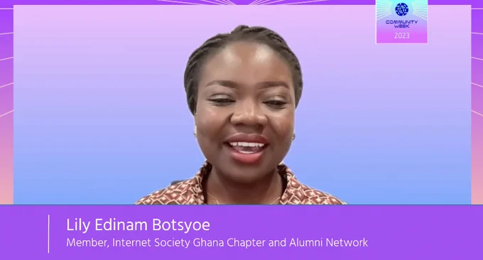 Photo of Lily Edinam Botsyoe as she presents at Internet Society Community Week 2023