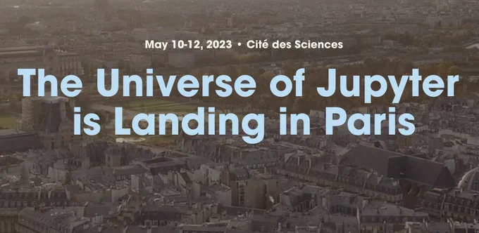 An aerial picture of Paris, with caption "The Universe of Jupyter is Landing in Paris".