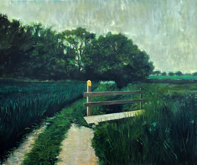An oil painting of a footpath through wheat fields in spring. A wooden footbridge across a stream is in the middle ground.