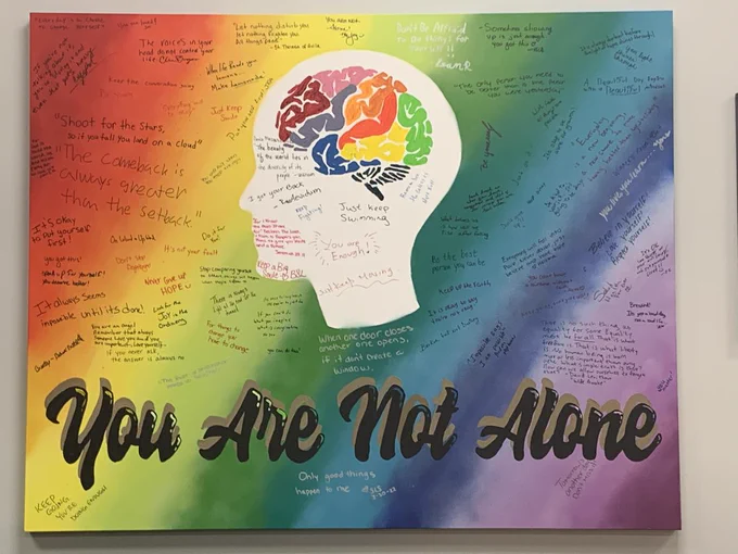 Silhouette of a human head on a rainbow background with text including "You Are Not Alone" and written mental health advice from students.