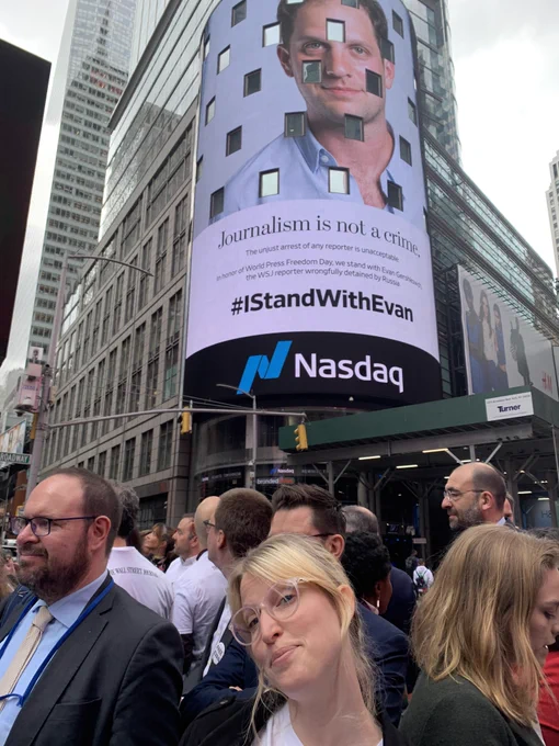 A photo of Evan Gershkovich on the Nasdaq sign in Times Square