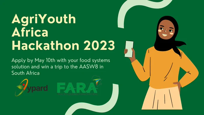 AgriYouth Africa Hackathon 2023-- Apply by 10th May with your food systems solution to win a trip to the AASW8 in South Africa. https://bit.ly/africahackathon