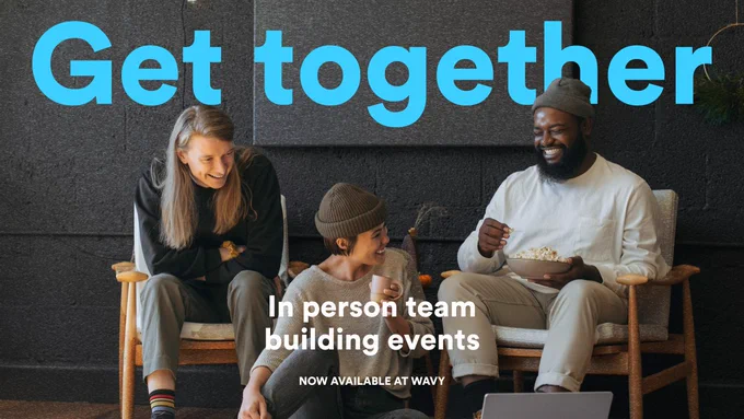 Three people smiling about the launch of Wavy's in-person event collection! 