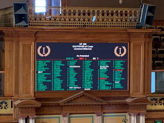 Image description: Iowa House votes totals for HF 265 to license midwives - 91 aye; 2 nay; 7 absent