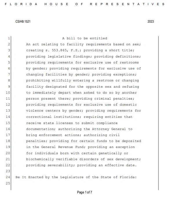 F L O R I D A H O U S E O F R E P R E S E N T A T I V E S
1 A bill to be entitled
2 An act relating to facility requirements based on sex;
3 creating s. 553.865, F.S.; providing a short title;
4 providing legislative findings; providing definitions;
5 providing requirements for exclusive use of restrooms
6 by gender; providing requirements for exclusive use of
7 changing facilities by gender; providing exceptions;
8 prohibiting willfully entering a restroom or changing
9 facility designated for the opposite sex and refusing
10 to immediately depart when asked to do so by another
11 person present there; providing criminal penalties;
12 providing requirements for exclusive use of domestic
13 violence centers by gender; providing requirements for
14 correctional institutions; requiring entities that
15 receive state licenses to submit compliance
16 documentation; authorizing the Attorney General to
17 bring enforcement actions; authorizing civil
18 penalties; providing for certain funds 