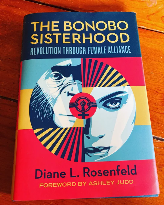The cover of the book, which has bright colors and images of a bonobo and a woman’s face.