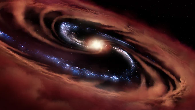 Illustration of the galaxy called CQ4479. The extremely active black hole at the galaxy’s center is consuming material so fast that the material is glowing as it spins into the black hole’s center, forming a luminous quasar. Quasars create intense energy that was thought to halt all star birth and drive a lethal blow to a galaxy’s growth. But SOFIA found that the galaxy CQ4479 is surviving these monstrous forces, holding on to enough cold gas, shown around the edges in brown, to birth about 100 Sun-sized stars a year, shown in blue. The discovery is causing scientists to re-think their theories of galactic evolution. 