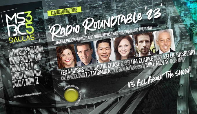 Radio Roundtable featuring Zena Burns, Justin Case, Tim Clarke, Kellie Rasberry, Radio TJ, and Mike McVay