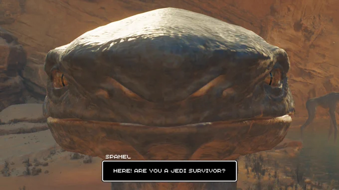 A spamel close to the camera saying "here! Are you a Jedi survivor?"