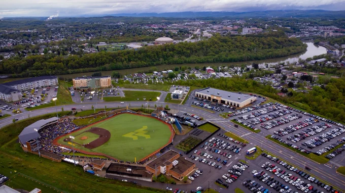 A drone shot of the WVU baseball field on a rainy May gameday against Pitt.