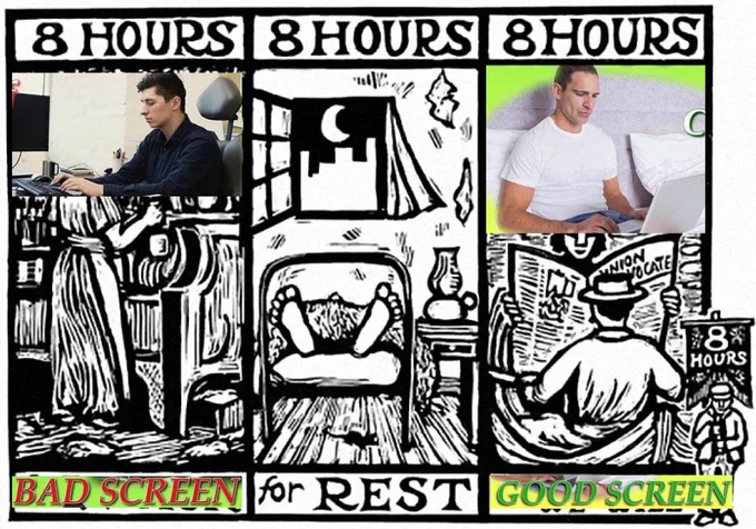 8 hours for work / 8 hours for rest / 8 hours for what we will print but with the "Tired of looking at the bad screen" text and image poorly pasted over the work part and the "Can't wait to get home and look at good screen" pasted over the "what we will" part