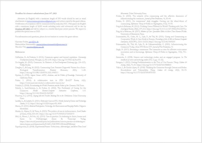 Full text for the Call for Papers on World(s)-making practices through caring and commoning for Tecnoscienza (pag2)