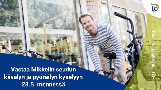 Kesäisessä kuvassa mies pyöräpysäkillä ja teksti: Vastaa Mikkelin seudun kävelyn ja pyöräilyn kyselyyn 23.5. mennessä
