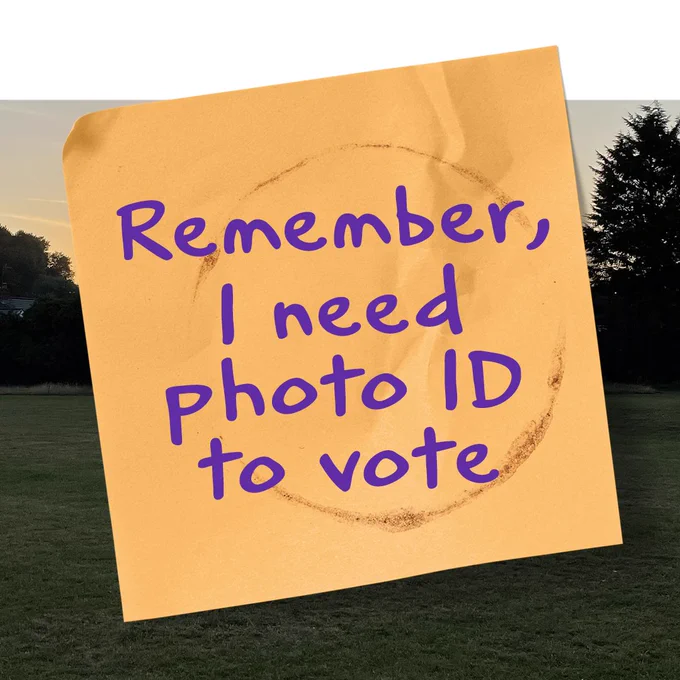Orange post-it note with the text that reads: Remember, I need photo ID to vote. 