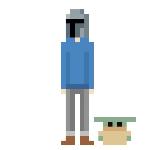 My usual avatar showing a very low resolution pixellated version of me, this time with a helmet like the main character from The Mandalorian TV series, and Grogu (The Child) standing next to me.
