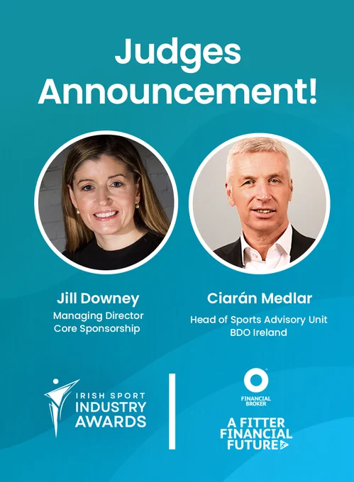Profile photo of Jill Downey and Ciaran Medlar. Members of the judging panel for this year's Irish Sport Industry Awards.