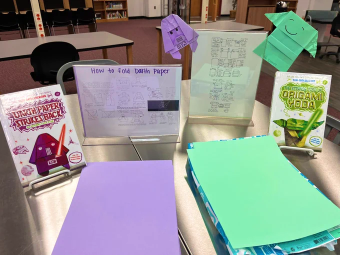 Instructions to fold Darth Paper and Origami Yoda with colored paper and examples