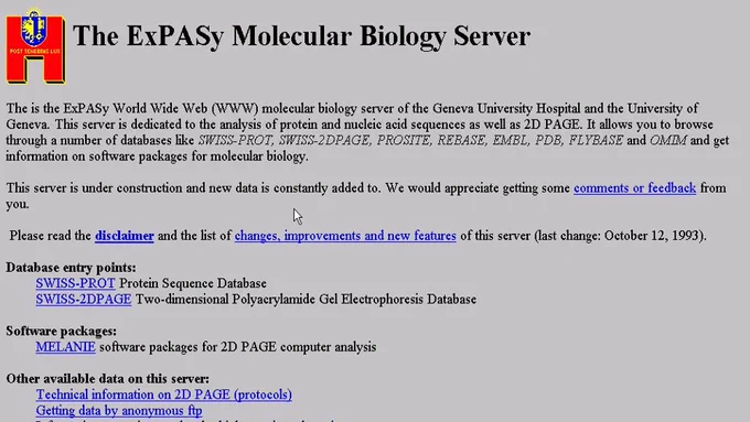 Screenshot showing a 1993 version of the Expasy web page
