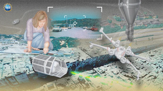 An illustration of a woman sitting amid small-scale replicas of spaceships and a miniature city.