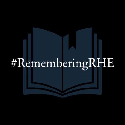 Dark icon of a book and #RememberingRHE