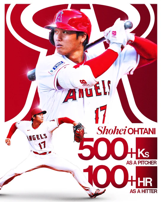 Shohei Ohtani: 500  Ks as a pitcher, 100  HR as a hitter

Pictured: Shohei Ohtani bats with a home white Los Angeles Angels uniform and red Angels helmet (top), Shohei Ohtani delivers a pitch in a home white Angels uniform with a red Angels cap and red glove (bottom).