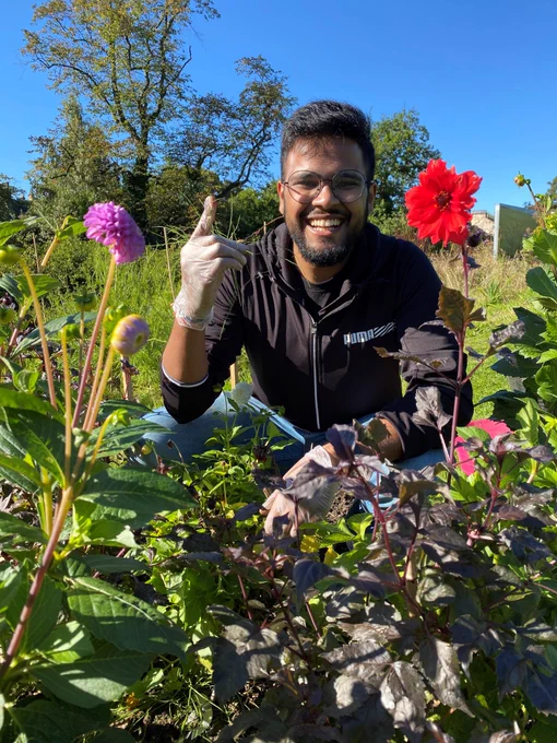 Someone kneeling in a patch of flowers with a purple flower on the left, a red flower on the right and a person in the middle. He is wearing glasses and a hoodie and gloves. He is giving a thumbs up and smiling.