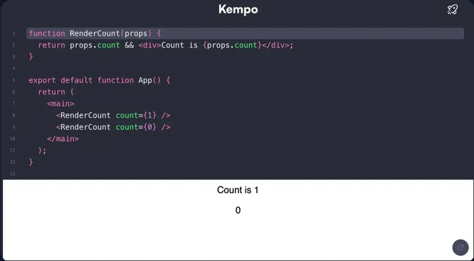 An example of React rendering the number 0 even though it's a falsy value.