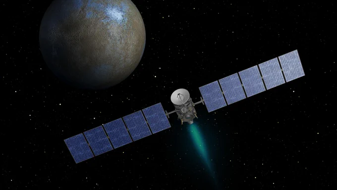 Artist's illustration of the Dawn spacecraft being propelled by its ion-powered engine toward the dwarf planet Ceres