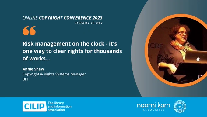Image of Annie Shaw with the text 'Risk Management on the Clock - it's one way to clear rights for thousands of works'