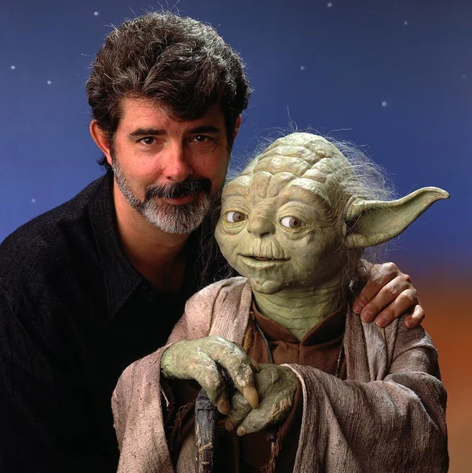 Portrait of George Lucas and Yoda, ©1990/2023 Tom Zimberoff.