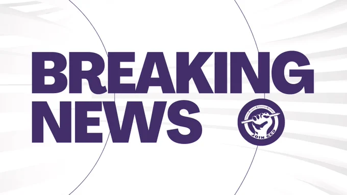 Dark purple text on a white background that says "Breaking News" in all caps. There is a dark purple circle with the GEO logo in white set against it. The GEO logo is a fist closed around a pencil, surrounded by a circle with the text "Join GEO" in all caps. 
